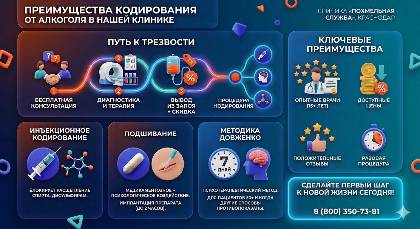 Инфографика о методах кодирования от алкоголя в Тихорецке: инъекции, подшивание, метод Довженко. Преимущества клиники и этапы лечения.