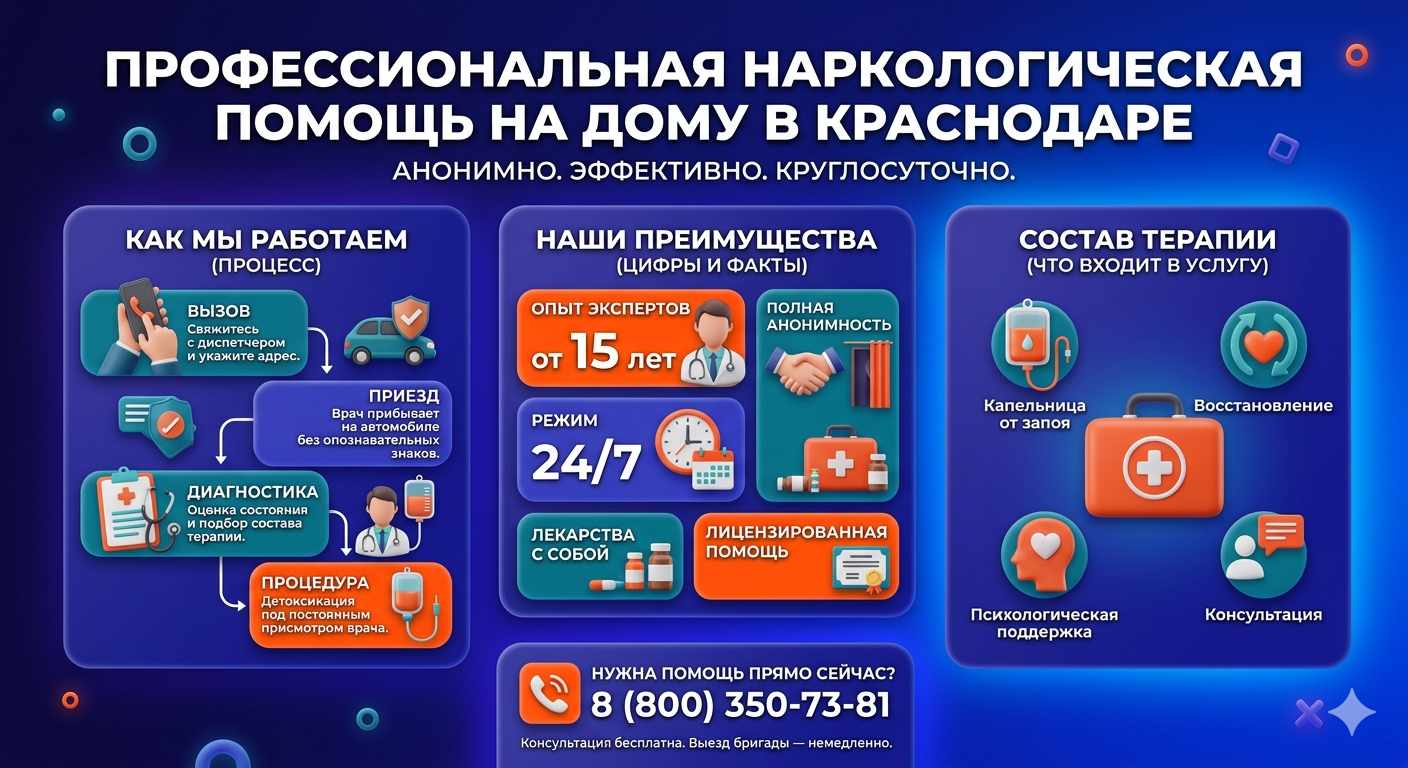 Инфографика о принципах лечения алкоголизма на дому в Тихорецке: этапы вызова нарколога, преимущества анонимной детоксикации и состав медицинской помощи.